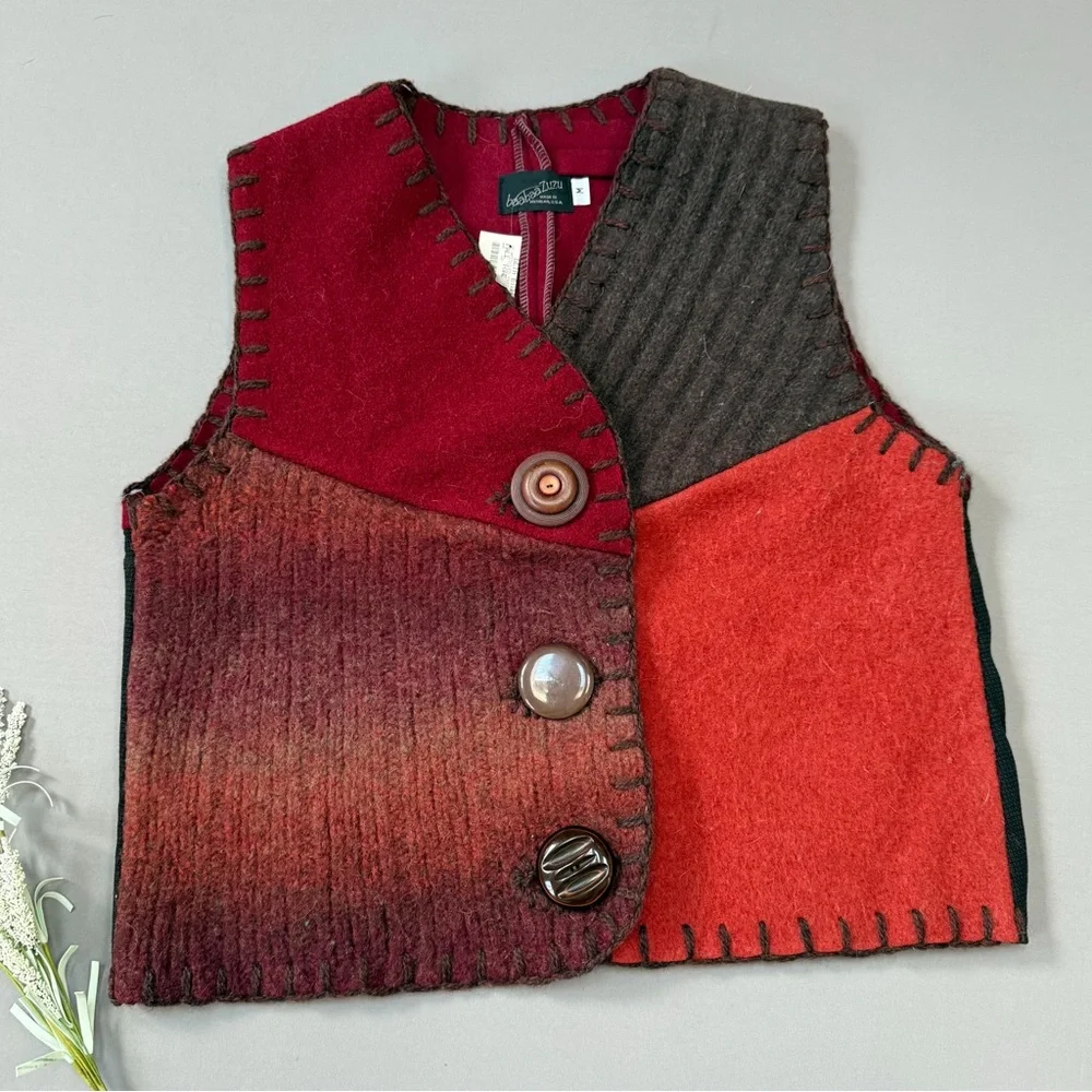 Recycled wool patchwork mixed media woman’s funky vest, M.